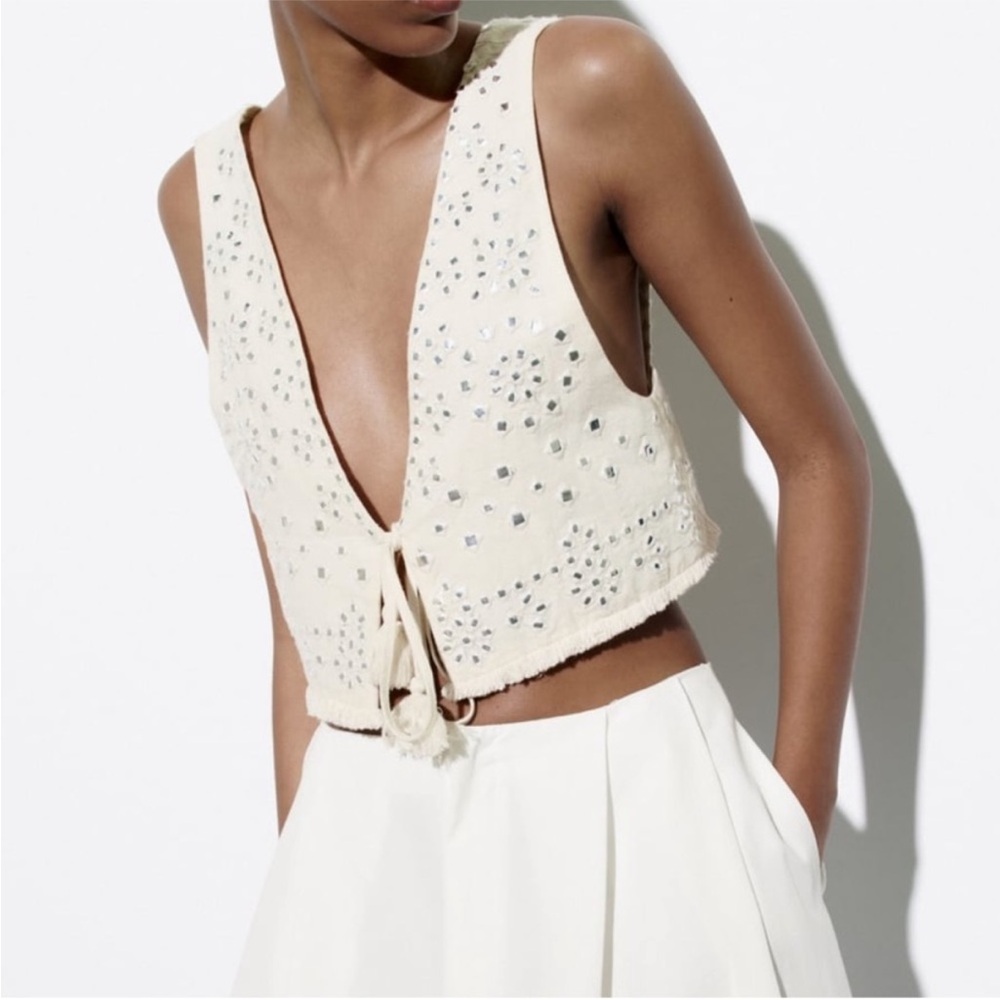 Embellished Cream Crop Vest with Tie Front